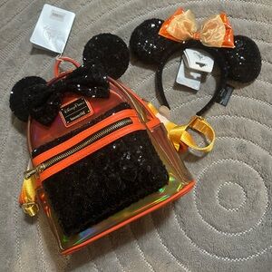 Loungefly Halloween Disney park sequin backpack & matching Minnie ear bundle